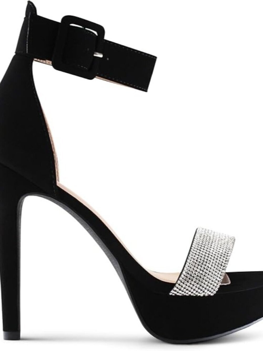 Black Ankle Strap High Heel Sandals With Rhinestone Toe Band Size 7.5.